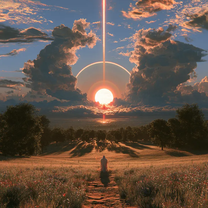 Glowing ring over a sunset field, AI fantasy art