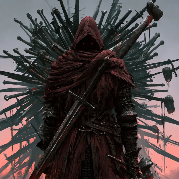 Hooded figure ringed by swords, AI fantasy art
