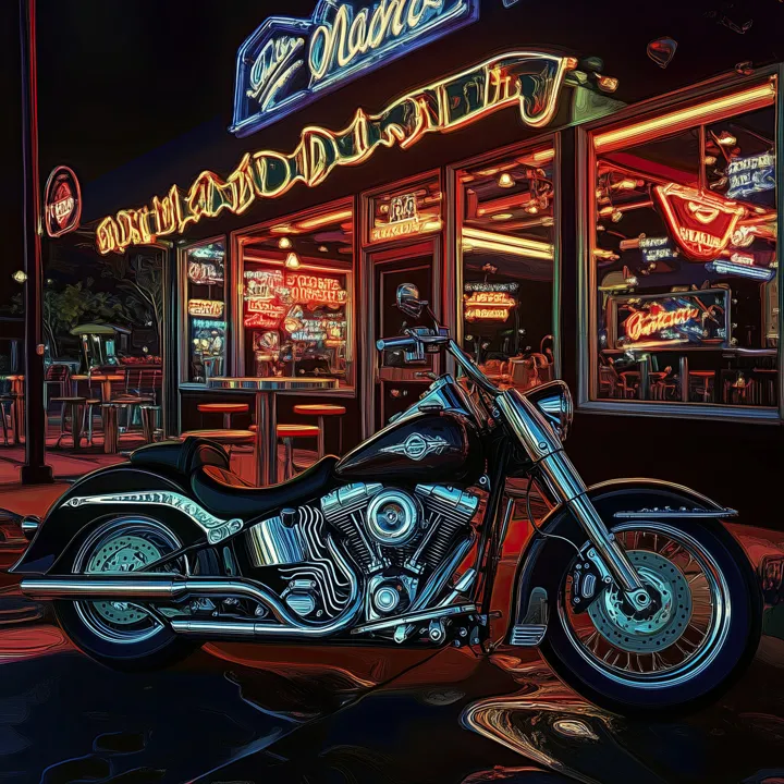 Motorcycle parked outside a neon diner at night, AI art