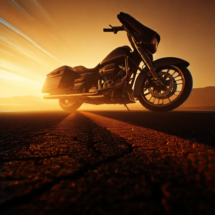 Motorcycle on an open road at sunset, AI art