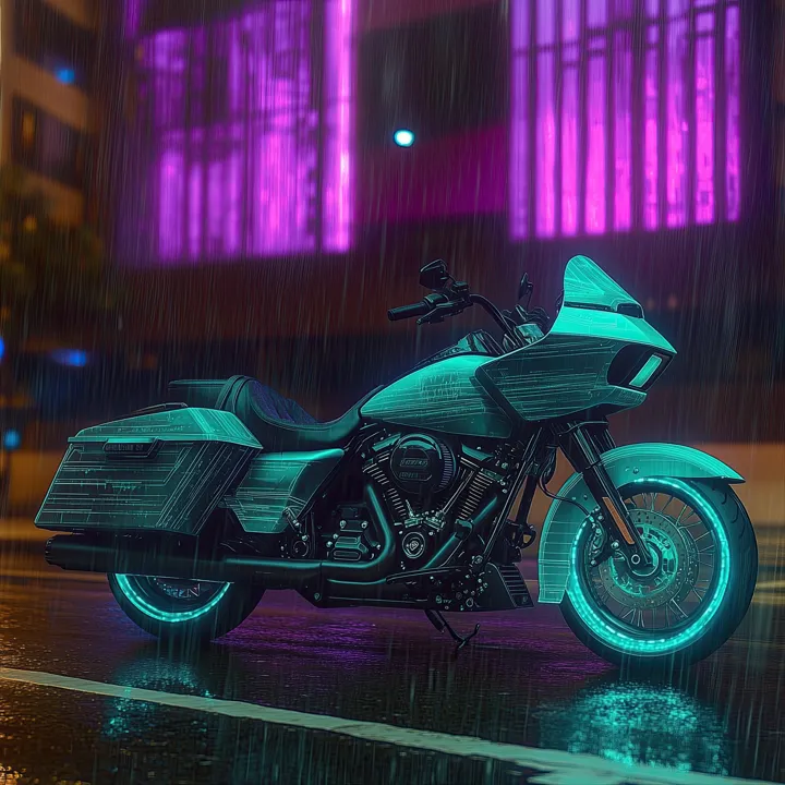 Teal-lit touring motorcycle on a rainy city street, AI art