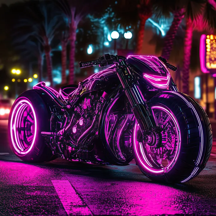 Custom motorcycle with glowing pink wheels on a wet neon street, AI art