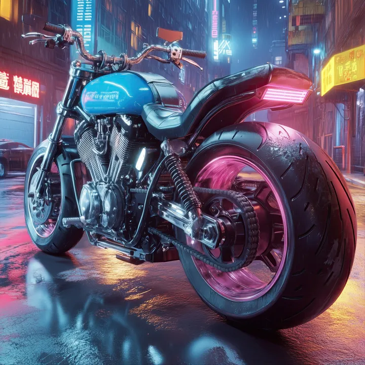 Rainy Night 7, AI art of a custom motorcycle