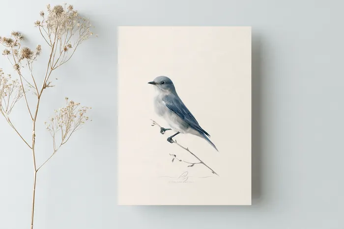 A framed bluebird print on a pale wall beside dried flower stems.