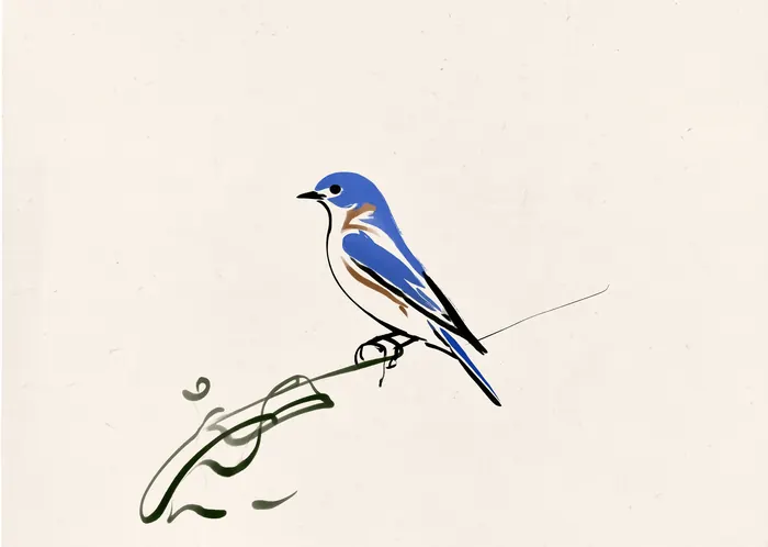 Minimalist print of a blue bird on a curling black ink branch against cream paper.
