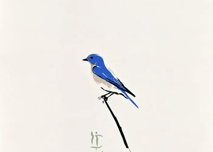 Minimalist print of a blue bird perched on a single dark stem against cream paper.