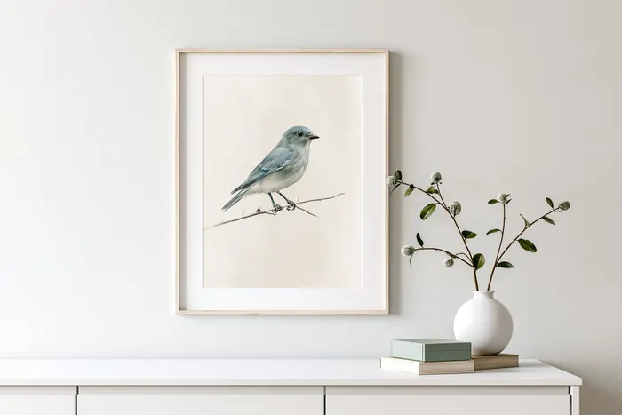 A framed bird print on a white wall above a dresser with a small vase and books.