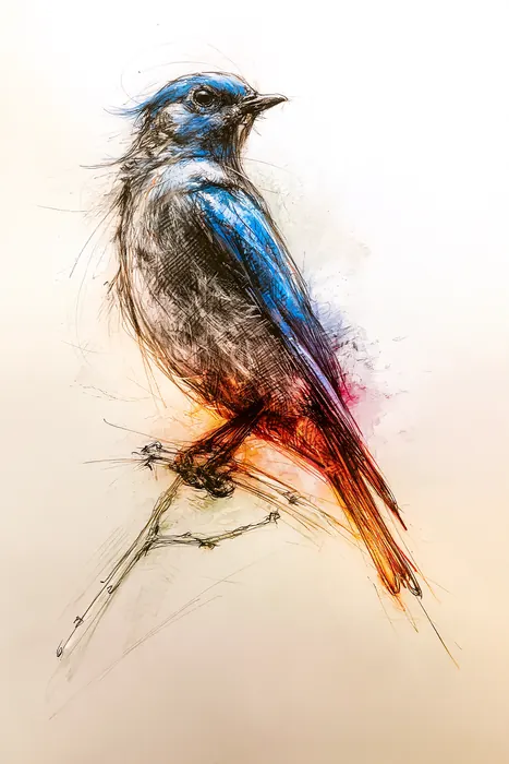 Colored pencil style study of a blue and orange bird on a bare branch.