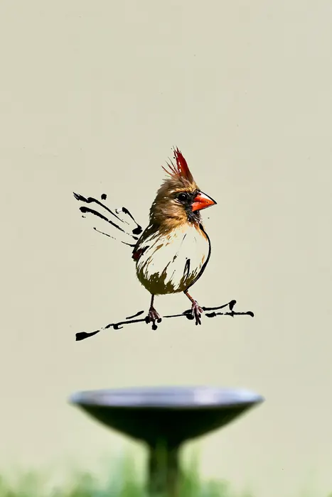Ink-line print of a small cardinal above a dark birdbath on a pale green-cream ground.