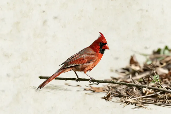 A red cardinal perched on a long thin branch above dry leaves.
