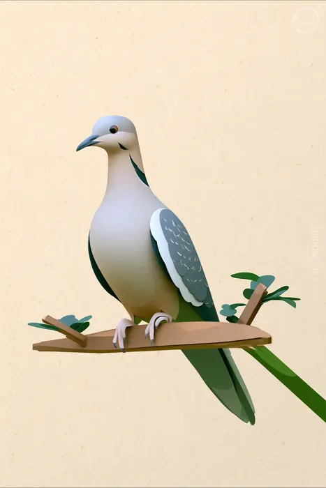 Flat-color illustration of a dove on a branch against a warm cream background.