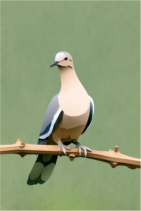 Flat-color illustration of a dove on a thorny branch against a sage green background.