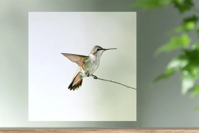 A framed hummingbird print on a shelf in front of soft green foliage.