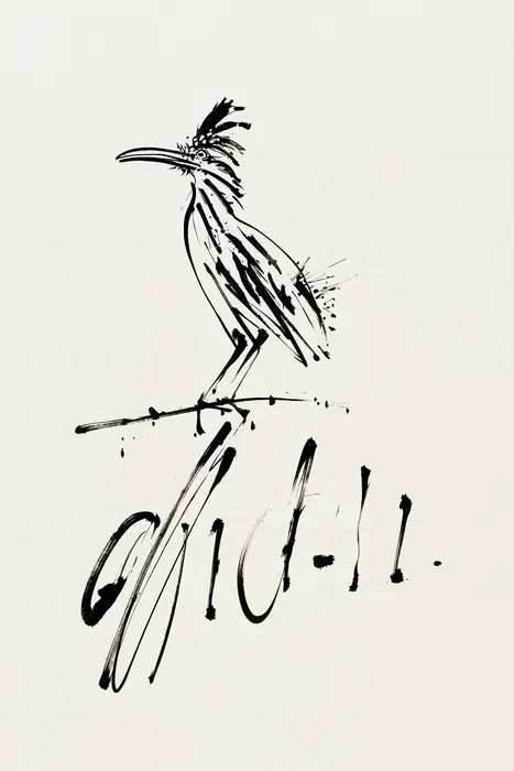 Pen-and-ink print of a crested roadrunner perched on a branch on cream paper.