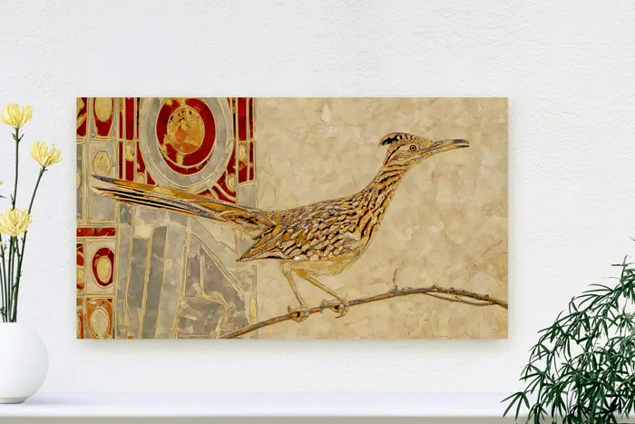 A textured roadrunner artwork displayed on a wall with a plant in the corner.