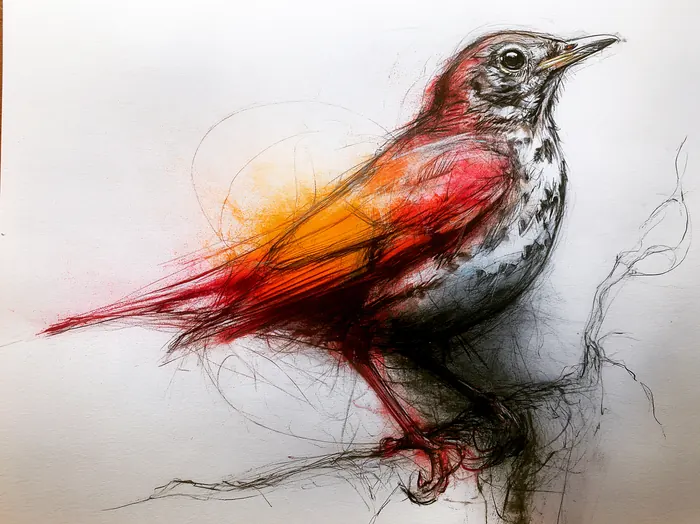Brown Thrasher, AI-assisted art made from the photograph above, study 2.