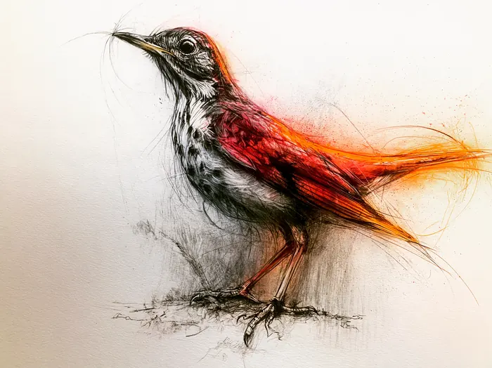 Brown Thrasher, AI-assisted art made from the photograph above, study 3.