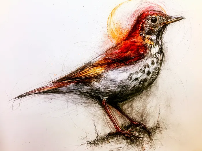 Brown Thrasher, AI-assisted art made from the photograph above, study 4.